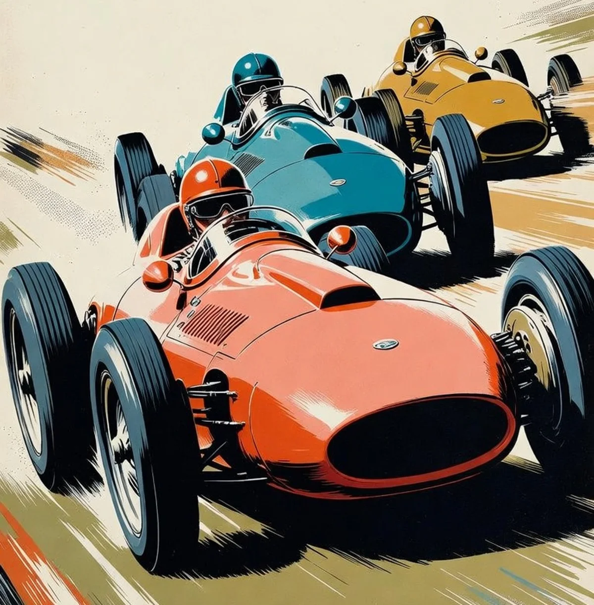 Affiche de course automobile peinte, années 50 : trois monoplaces en pleine accélération.